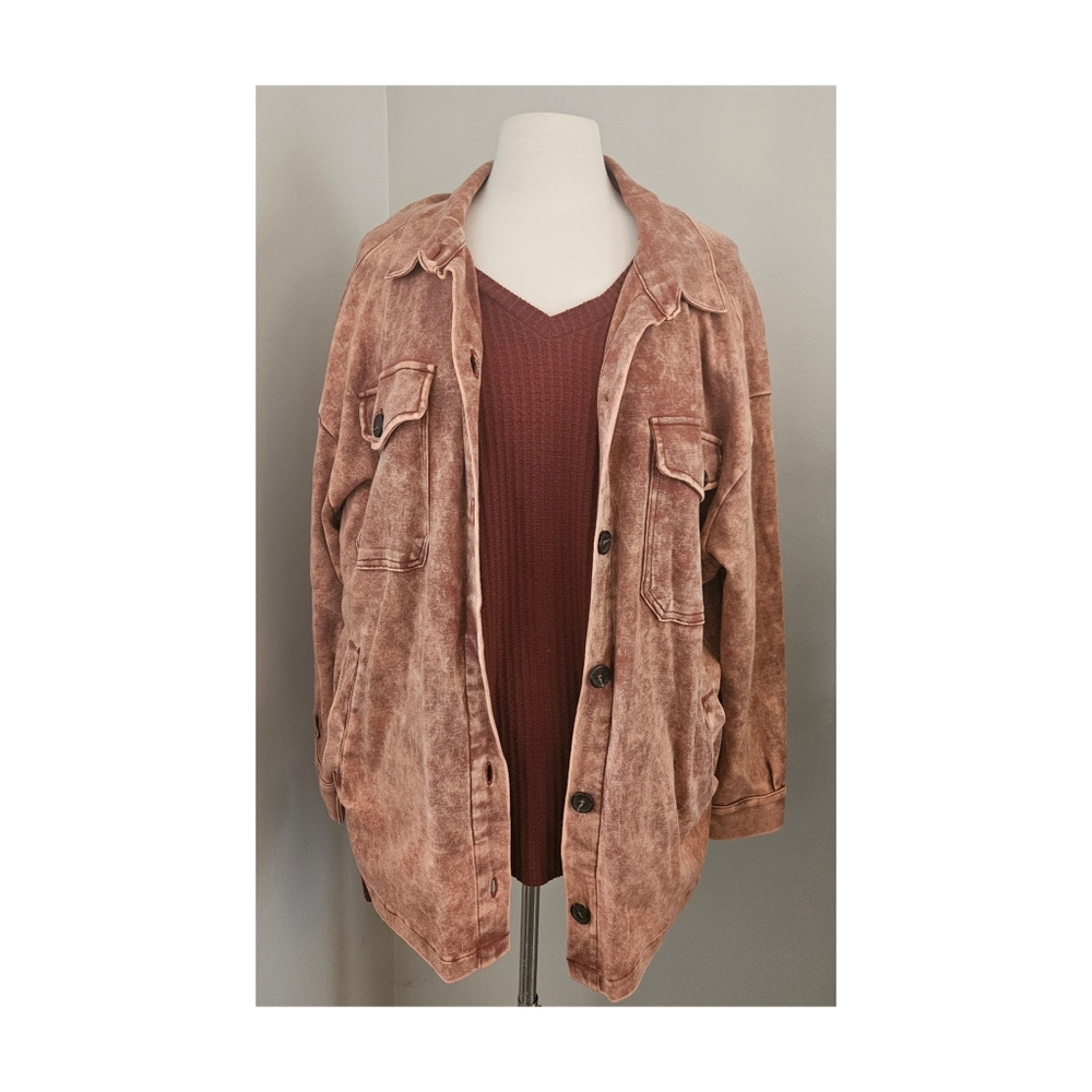 Zenana Mineral Wash Shacket & Waffle Knit Tunic Set Rust Brown 2X
